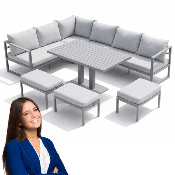 NM-21 Grey Metal Garden Corner Set with Table and Three Poufs
