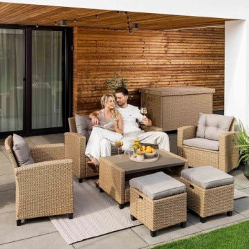 Large Beige Technorattan Garden Lounge Set with Sofa, Armchairs, Pouf and Cushions