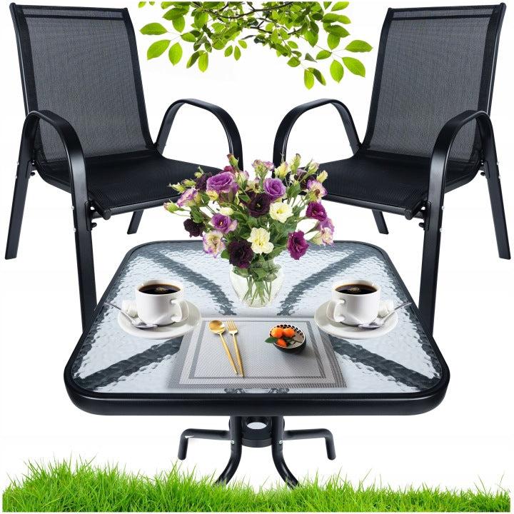 Black Balcony Set with Glass Table and Two Chairs