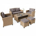 Large Beige Technorattan Garden Lounge Set with Sofa, Armchairs, Pouf and Cushions