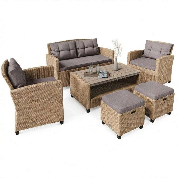 Large Beige Technorattan Garden Lounge Set with Sofa, Armchairs, Pouf and Cushions