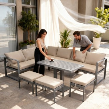 NM-21G Brown Garden Corner Set with Lift-Top Table and Three Poufs