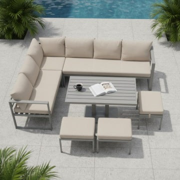 NM-21G Brown Garden Corner Set with Lift-Top Table and Three Poufs