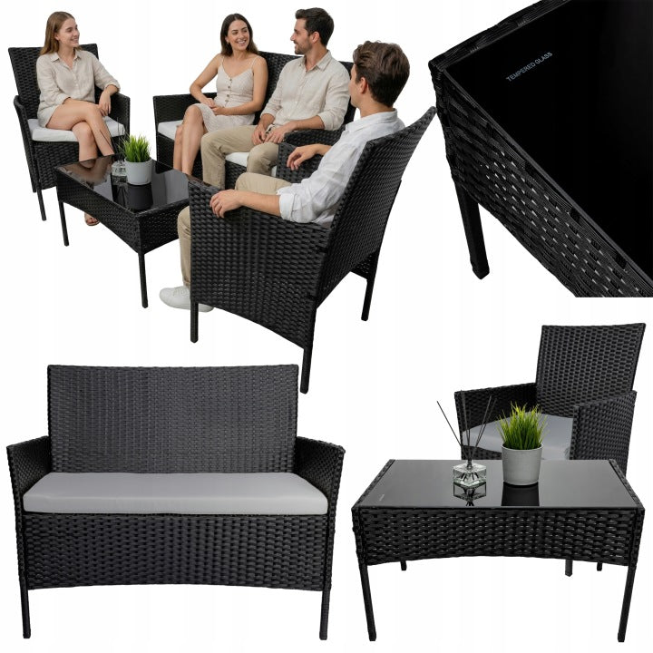 Black Technorattan Lounge Set with Sofa, Armchairs and Coffee Table
