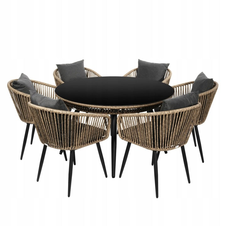 Handmade Beige Technorattan Garden Dining Set with Table and Six Armchairs