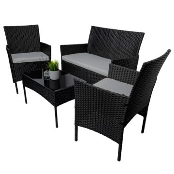 Black Technorattan Lounge Set with Sofa, Armchairs and Coffee Table