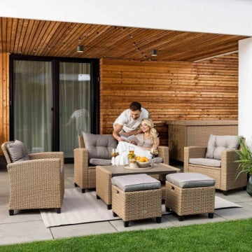Large Beige Technorattan Garden Lounge Set with Sofa, Armchairs, Pouf and Cushions