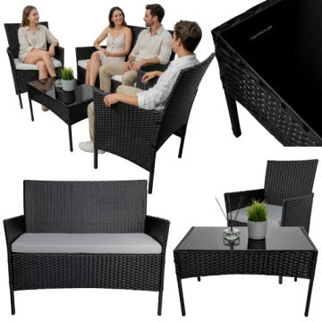 Black Technorattan Lounge Set with Sofa, Armchairs and Coffee Table