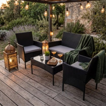 Black Technorattan Lounge Set with Sofa, Armchairs and Coffee Table