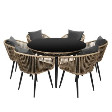 Handmade Beige Technorattan Garden Dining Set with Table and Six Armchairs