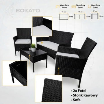 Black Technorattan Lounge Set with Sofa, Armchairs and Coffee Table